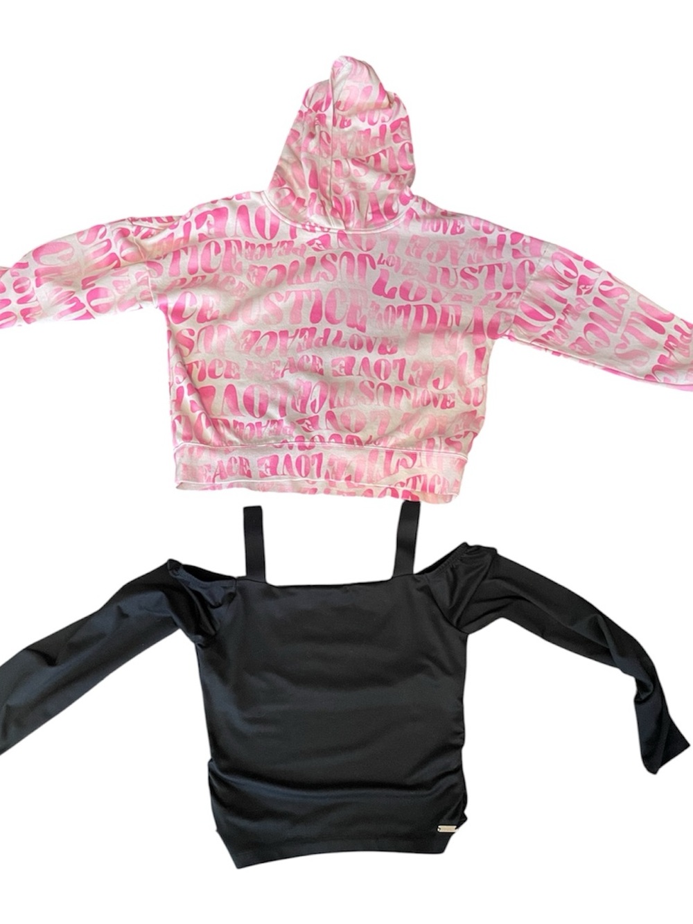 Justice Pink and White Hoodie + Black Long Sleeve Top